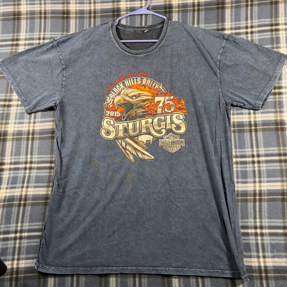 Harley Davidson Mens Sturgis 75th Anniversary T-Shirt Deadwood SD Eagle Blue XL - Picture 1 of 6